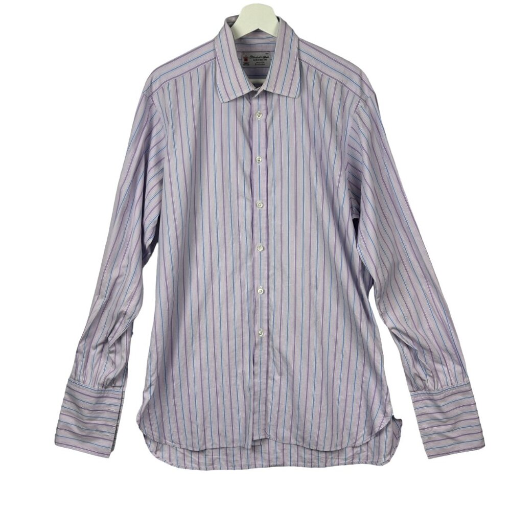 Turnbull & Asser Lilac Blue Stripe 100% Cotton French Cuff Dress Shirt 17"‎
